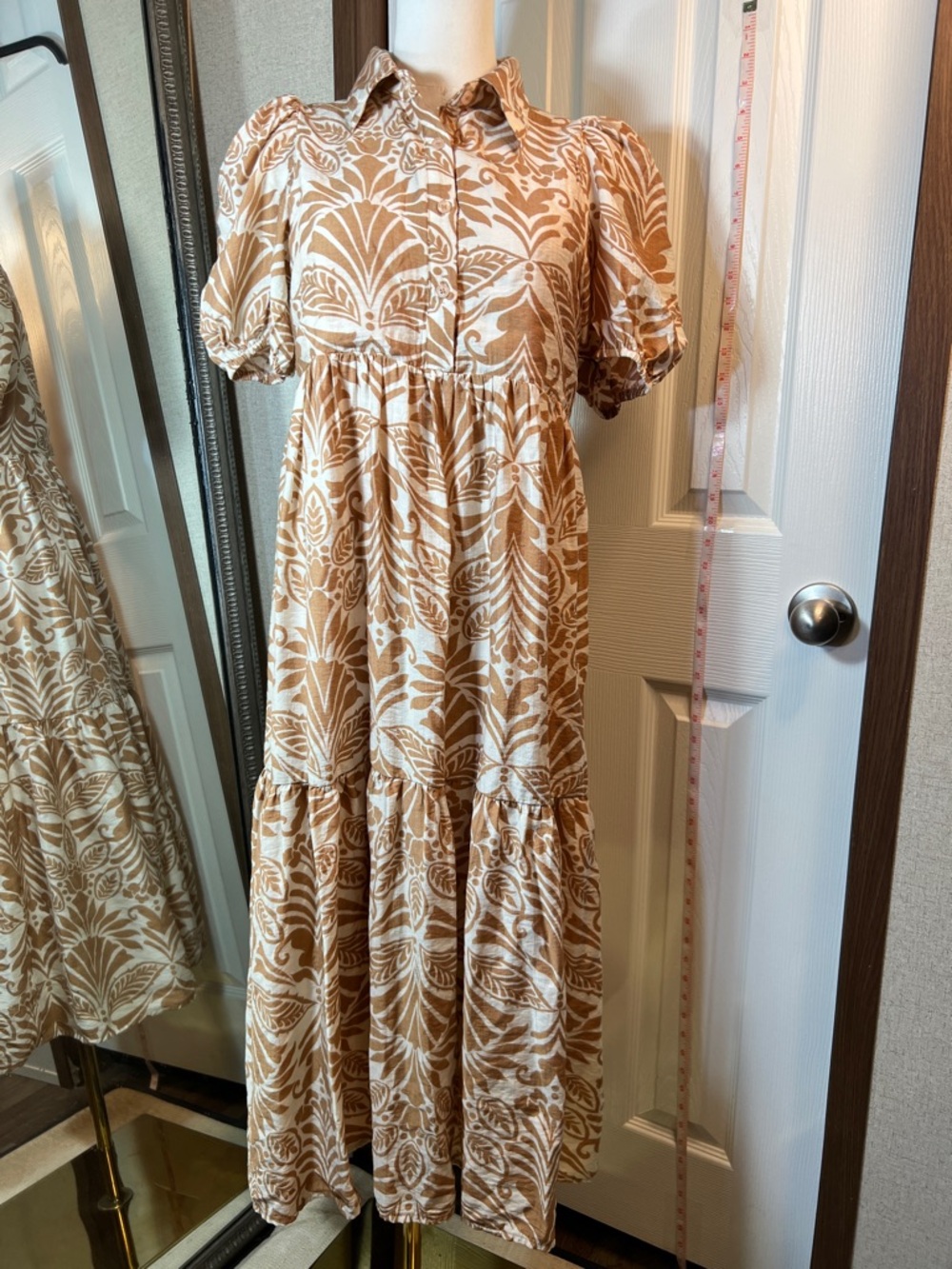 TCEC Cream and Tan Printed Tiered Maxi Dress